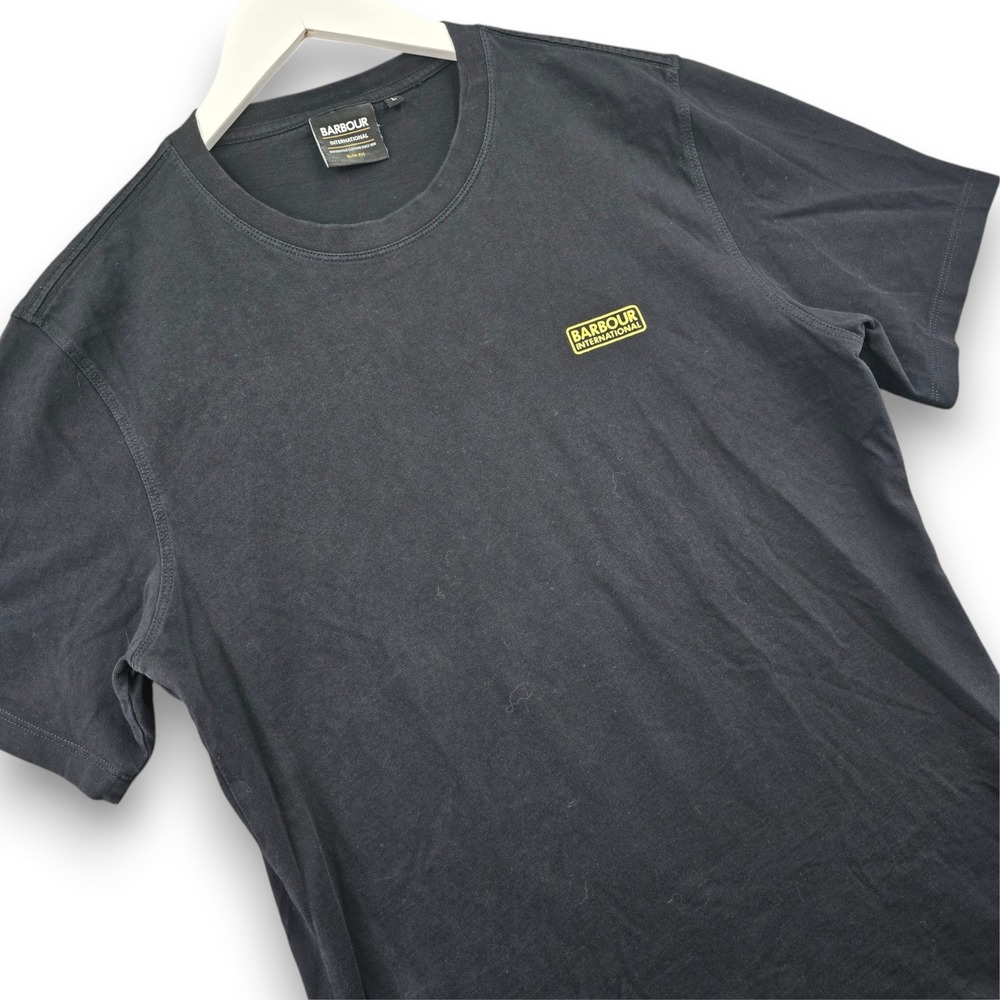 Barbour International Mens Large T Shirt Black Cotton Slim Fit Logo Short Sleeve